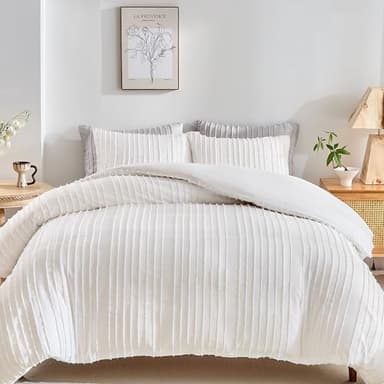 WARMDERN White Boho Duvet Cover Set, Striped Textured Tufted Bedding, Twin Size Washed Microfiber Duvet with Zipper Closure & Corner Ties - Image 1