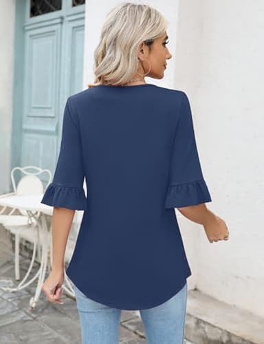 LOMON Bell Sleeve Tops for Women Summer V Neck 3/4 Sleeve Shirts Loose Half Sleeve Blouses Blue L - Image 2