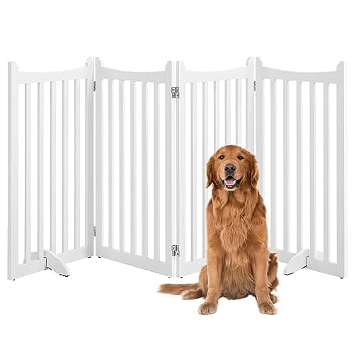 Yaheetech 36" H Extra Tall Freestanding Pet Gate 4-Panel Wooden Dog Fence with 2 Support Feet Folding Dog Gate for Indoor, Stairs, Doorways, Halls, Kitchen Wooden Pet Barrier White, 79.5" L x 36" H - Image 1