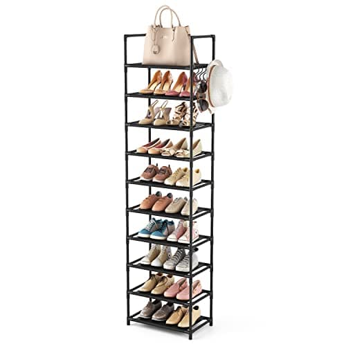 LANTEFUL 10 Tiers Tall Shoe Rack 20-25 Pairs Boots Organizer Storage Sturdy Narrow Shoe Shelf for Entryway, Closets with Hooks, Black - Image 1