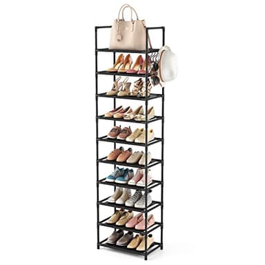 LANTEFUL 10 Tiers Tall Shoe Rack 20-25 Pairs Boots Organizer Storage Sturdy Narrow Shoe Shelf for Entryway, Closets with Hooks, Black - Image 1