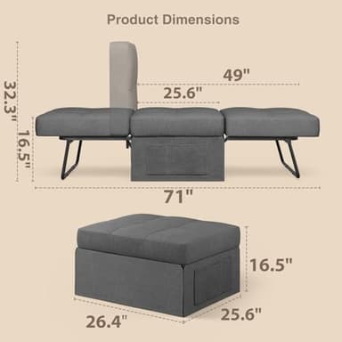 Aiho Sleeper Chair Bed 4 in 1 Sofa Bed, Assembly-Free Folding Ottoman with Adjustable Backrest and Pillow, Modern Breathable Linen Convertible Chair for Living Room Apartment Office, Dark Grey - Image 2