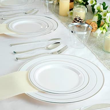 FOCUSLINE Silver Plastic Plates Set of 60, Disposable Plates with Silver Rim 30 Dinner Plates 10" and 30 Salad Dessert Appetizer Plate 7", Elegant Fancy Heavy Duty Wedding Party Plates - Image 7