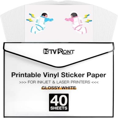 HTVRONT Printable Vinyl for Inkjet Printer & Laser Printer - 40 Pcs Glossy White Waterproof Printable Vinyl Sticker Paper, 8.5"x11" - Image 1