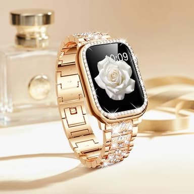 Mosonio Compatible with Apple Watch Band 38mm with Case Women, Jewelry Replacement Metal Wristband Strap with 2 Pack Bling PC Protective Cover for iWatch Series 3/2/1(Rose Gold) - Image 3