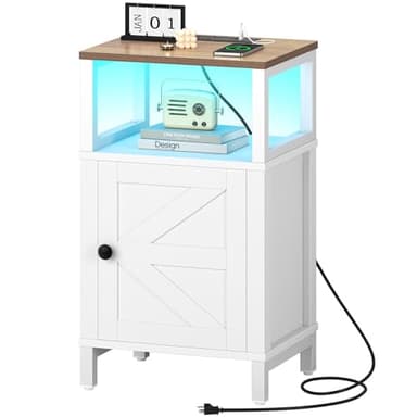 Yoobure Farmhouse Nightstand with Charging Station, Wood Night Stand End with USB Ports, LED Bed Side Table with Storage Cabinet, Bedside Table for Bedroom, Living Room White - Image 1