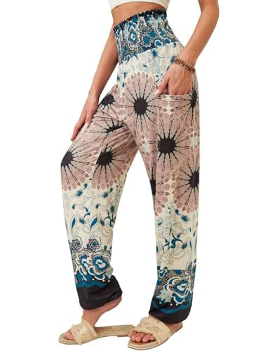 QIANXIZHAN Women's Harem Pants, High Waist Yoga Boho Trousers with Pockets Apricot Flower XL - Image 1