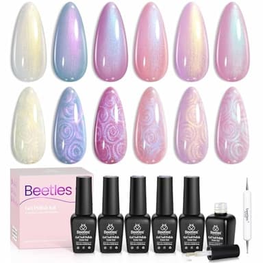 Beetles Pearl Gel Nail Polish, 6 Colors Shimmer Pearl White Pink Purple Mermaid Nail Drawing Gel Polish Soak Off Uv Gel Polish Swirl Shell Thread Effect DIY Manicure Gift for Women - Image 1