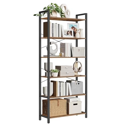 VASAGLE 6-Tier Bookshelf, Bookcase with Steel Frame, Book Shelf for Living Room, Home Office, Study, 11.8 x 31.5 x 73.2 Inches, Industrial Style, Rustic Brown and Ink Black ULLS082B01 - Image 1