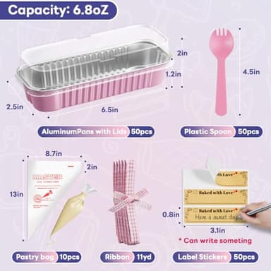 Gyreuni Loaf Baking Pans with Set- 50Pack Pink Mini Cake Pans with and Spoons＆Sticker,10 Piping Bags＆11yd Ribbon,Aluminum cake tins with lids for Cheesecake and Small Cake Container - Image 3