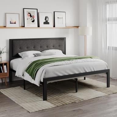 SHA CERLIN King Size Platform Bed Frame with Upholstered Headboard, Metal Slats Support, Button Tufted Square Stitched Headboard, Noise Free, No Box Spring Needed, Easy Assembly, Dark Grey - Image 3