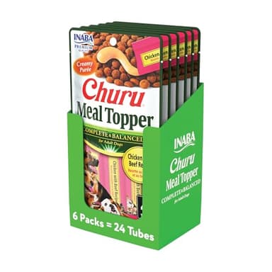 INABA Churu Meal Topper for Dogs, Complete & Balance, Creamy, Lickable Purée Dog Food Topper, 0.5 Ounce Tube, 24 Tubes (4 per Pack), Chicken with Beef Recipe - Image 1