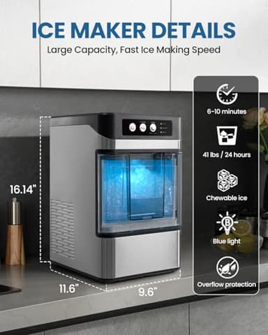Walkmax Nugget Ice Maker Countertop with Handle,Chewable Crunchable Countertop Nugget Ice Maker,41Lbs/24H, Self-Cleaning, One-Click Operation, Stainless Steel,Ideal for Parties, Kitchens, Bars, Silver - Image 8