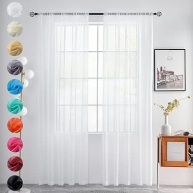 youleyar Solid Sheer Rod Pocket Curtain Voile Draperies 2 Panels White Beige Black Grey Coffee 60 Inch Width 96 Inch Long 1 Pair for Kitchen Bedroom Children Living Room Yard(White,60Wｘ96L) - Image 1