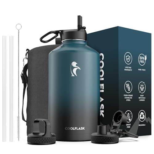 Coolflask 128 oz Gallon Water Bottle Insulated with Straw&3 Lids, Water Jug Large Stainless Steel Metal Vacuum Wide Mouth for Sports, Gym or Office, Non-BPA Keep Cold 48H Hot 24H, Samurai Cyan - Image 1