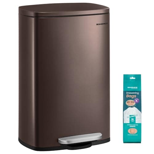 SONGMICS 13 Gallon (50 L) Trash Can, Stainless Steel Kitchen Garbage Can, Recycling or Waste Bin, Soft Close, Step-On Pedal, Removable Inner Bucket, Brown ULTB50BR - Image 1