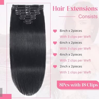 Tebelove Clip in Hair Extensions Real Human Hair 3.6oz/100g Clip ins 100% Brazilian Remy Human Hair Extension for Women 8pcs Per Set with 18 Clips Double Weft (16 Inch #1 Jet Black) - Image 3