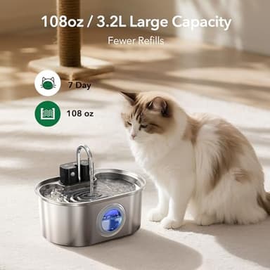 Cat Water Fountain Stainless Steel 108oz/3.2L:Battery Operated Wireless Cat Fountains for Drinking Indoor, Automatic Pet Water Dispenser with Ultra Quiet Pump,Multi-Filtration,Easy Clean BPA-Free - Image 2