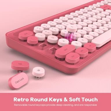 Wireless Keyboard and Mouse Combo, Retro Round Keycaps, Cute Full-Size Typewriter Keyboard with Phone Holder, Sleep Mode, Click Soft, 2.4GHz Cordless Connection for Windows/PC/Laptop (Pink-Colorful) - Image 3