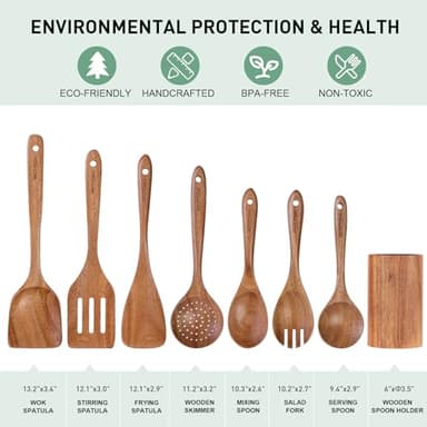 Wooden Spoons for Cooking - 8-Piece Wooden Kitchen Utensil Set made of Natural Solid Wood Material - Includes Spoons, Spatulas, Ladles, Strainer Spoon, Salad Fork, Mixing Spoon and Utensil Holder - Image 2