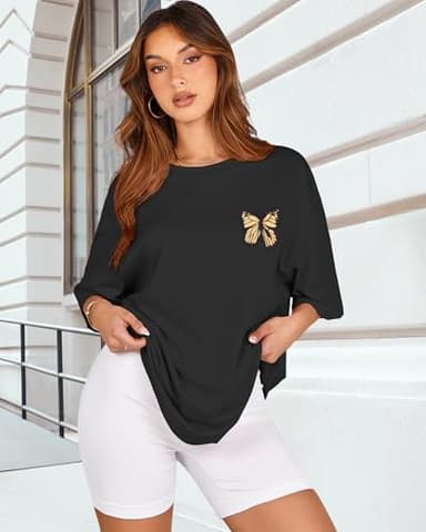 Womens Oversized Tshirt Graphic Tees Crew Neck Summer Short Sleeve Loose Fit Tops (A-Butterfly Print Black, 4XL) - Image 7
