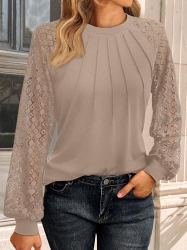 AUTOMET Womens Long Sleeve Shirts Lace Tops Business Casual Blouses 2025 Fall Fashion Teacher Outfits Trendy Clothes Knit T Y2k Ladies Dressy Work Professional Clothing Khaki L - Image 6