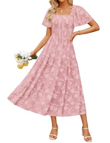 ZESICA Women's Summer Boho Floral Midi Dresses 2025 Casual Short Sleeve Square Neck Flowy Beach Vacation Long Dress,Pink,X-Large - Image 1