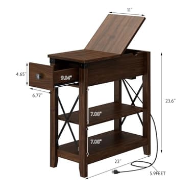 Awescuti Narrow End Table with Charging Station - Farmhouse Slim Side Table Set of 2, w/USB Ports Power Outlets, Nightstand w/Flip Top Storage Drawer, for Small Spaces Living Room Bedroom, Walnut - Image 3