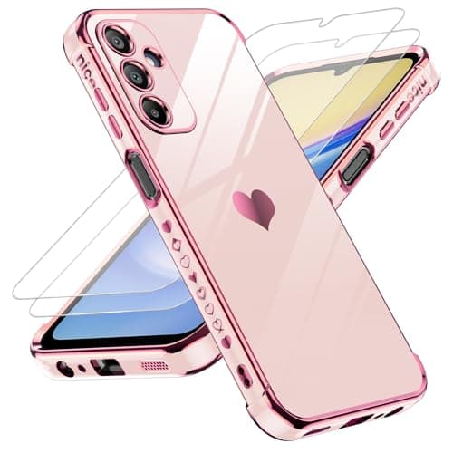 LeYi for Galaxy A15-5G Phone Case: with Tempered Glass Screen Protector [2 Pcs]+ Full Camera Lens Protection, Love Heart Plating Girly Women Luxury Shockproof Android A 15, Pink - Image 1