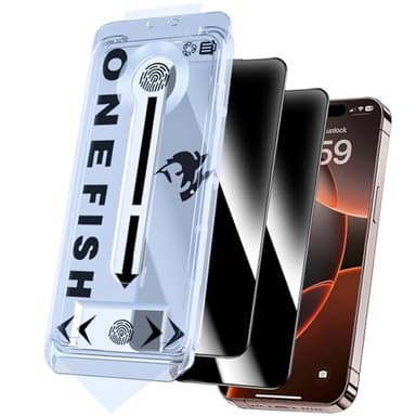OneFish Privacy Screen Protector for iphone 15 Pro Max, Anti-Spy Tempered Glass Private, Edge Protection Screen Protector with Installation Frame, 9H Glass Scratch Resistant, 2Pack - Image 1