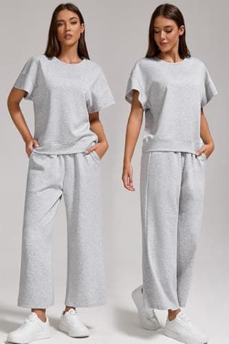 YETOWA Women’s Air Layer Fabric Two Piece Set Stylish Crop Top & Wide Leg 3/4 Pants Lounge Matching Tracksuit - Image 3