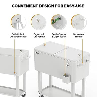 VINGLI 80 Quart Rolling Ice Chest, Portable Patio Party Bar Drink Cooler Cart, with Shelf, Beverage Pool with Bottle Opener (White) - Image 5