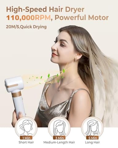 UKLISS Hair Dryer Brush 7 in 1，110000 RPM Hair Dryer with Diffuser for Curly & Twisted Hair Professional Ionic Brush Blow Dryer for Salon-Quality Styling, White Gold - Image 4