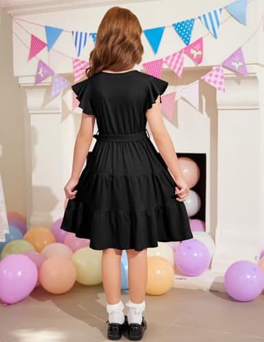 Arshiner Girls Dress Short Sleeve Summer V Neck Button Removable Belt Dresses with Pockets 7-8 Years Black - Image 6