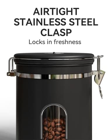 Veken Large Coffee Canister with Window, Rice Kitchen Food Storage Airtight Stainless Steel Container with Lids, Date Tracker and Scoop, Grounds, Beans, Tea, Flour, Cereal, Sugar Jars, 38oz, Black - Image 3