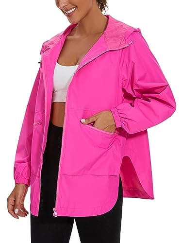 PESION Women's Waterproof Raincoat Lightweight Rain Jacket Trench Coat Hooded Windbreaker With Pockets for Outdoor, Hot Pink, Small - Image 1