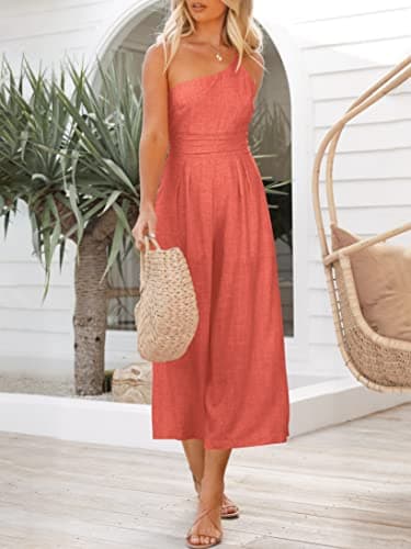 ANRABESS Women's Summer Straps One Shoulder High Waist Dressy Casual Wide Leg Linen Jumpsuit Romper Beach Travel Outfits Peach Medium - Image 5