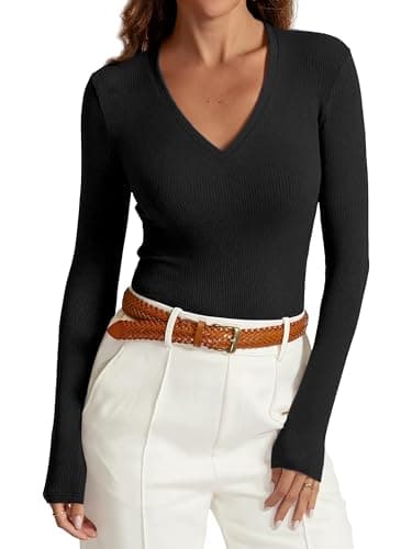 iGENJUN Women Long Sleeve V Neck Shirts for Women Business Casual Work Top Knit Slim Fit for Fall,Black,M - Image 4