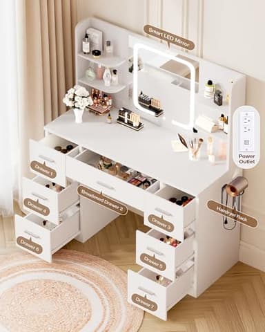 LIVELYGLOW Large Makeup Vanity Desk, 43.3”W x 15.7“D x 53.2”H, White (Large Desktop, Samrt LED Mirror, 4 Open Shelves, 7 Drawers, Hairdryer Rack, Power-Outlet, No Cushion Stool Included) - Image 4