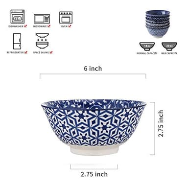 Selamica Blue and White Porcelain 20oz Cereal Bowl Set - Set of 6, 6 inch Soup Bowls, Ceramic bowls for Cereal, Soup, Salad and Pasta, Vintage Blue - Image 2