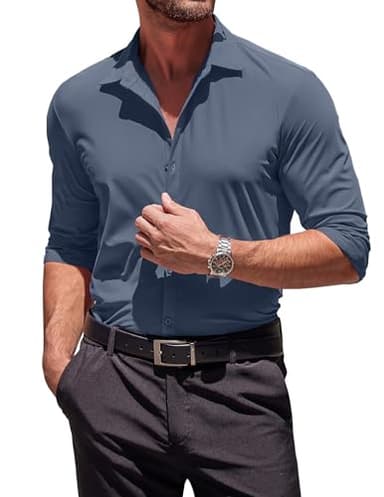 COOFANDY Men's Button Up Shirts Long Sleeve Untucked Dress Shirt Regular Fit Button Down Shirt Denim Blue - Image 3