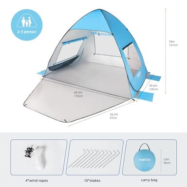 TOBTOS UPF 50+ Pop Up Beach Tent, Beach Umbrella, Automatic Sun Shelter 2-3 People UV Protection Portable Sunshade, Easy Set Up Baby Canopy Cabana, Lightweight with Carry Bag - Image 2