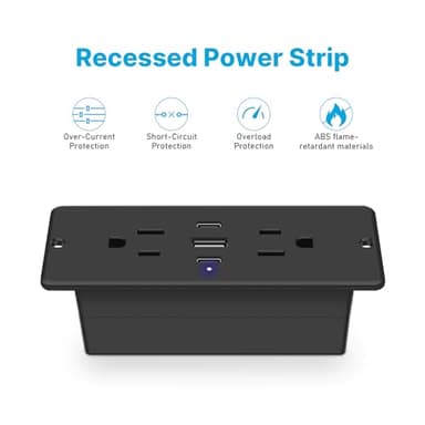 CCCEI Recessed Power Strip with Outlet and USB C Ports, Furniture Flush Mount Power Strip, Small Desk Hidden Outlet for Conference Table, Nightstand, Black, 10FT. - Image 7