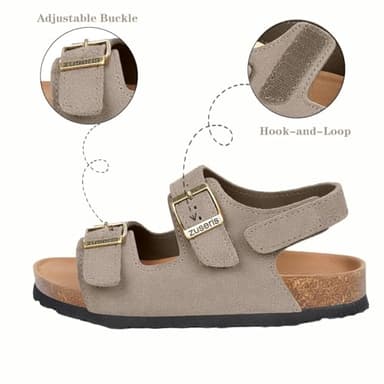 ZUSERIS Kids Cork Footbed Sandals Toddler Slippers Open Toe Cute Summer Slip-on Slides Sandals with Adjustable Buckle for Boys Girls,Khaki,7 Toddler=Label 24 - Image 2