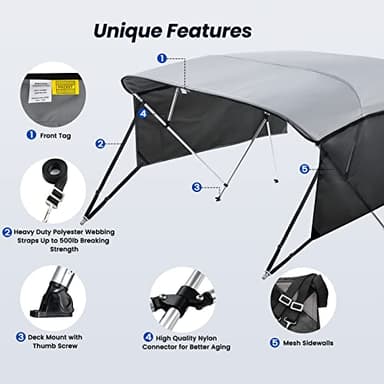 KAKIT 3 4 Bow Bimini Tops with Mesh Sidewalls Support Poles for Boats Marine Grade Canvas Top Includes 2 Straps Storage Boot 1 Inch Aluminum Frame - Image 6