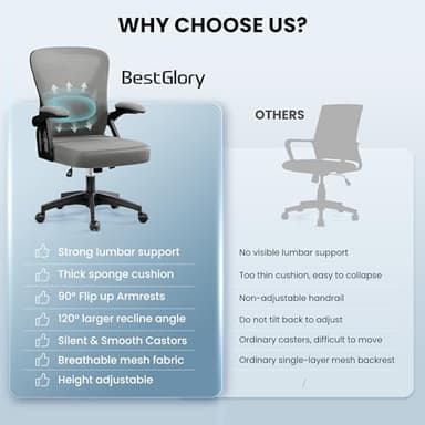 Office Chair, Ergonomic Home Computer Desk Chairs, Comfy Breathable Mesh Chair with Adjustable Lumbar Support Flip-up Armrests, Executive Task Chair with High Back for Home Office Rolling Swivel Chair - Image 7