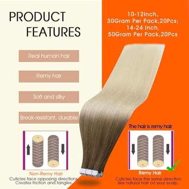 Full Shine Balayage Tape in Hair Extensions Human Hair Color 3/8/613 Brown And Blonde Tape in Extensions Remy Hair Extensions Tape ins 18Inch Seamless Invisible Straight Extension 50G 20Pcs for Women - Image 2