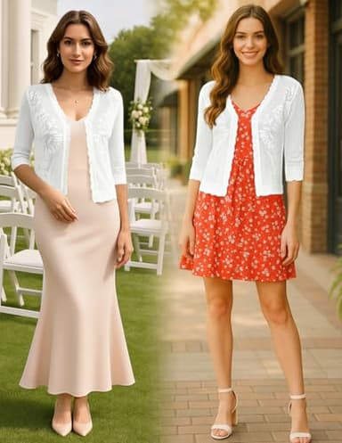 Kate Kasin Cropped Cardigans for Women Lightweight 3/4 Sleeve Button Down Crochet Knit Textured Shrug Sweaters Top White Large - Image 4