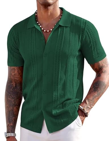 COOFANDY Men's Knit Button Down Shirts Vintage Short Sleeve Polo Shirt Fashion Casual Summer Beach Shirts Green - Image 1