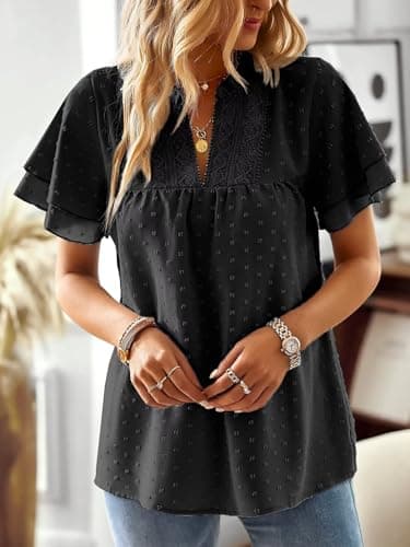 Falechay Womens Tops Summer Blouses for Women 2025 Swiss Dot Butterfly Sleeve Short Sleeves Boho Shirts Black XL - Image 5